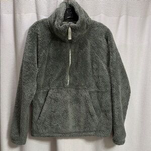 Eddie Bauer Sage Green Fleece Pullover SZ L 1/4 zip kangaroo pocket cozy‎ crop